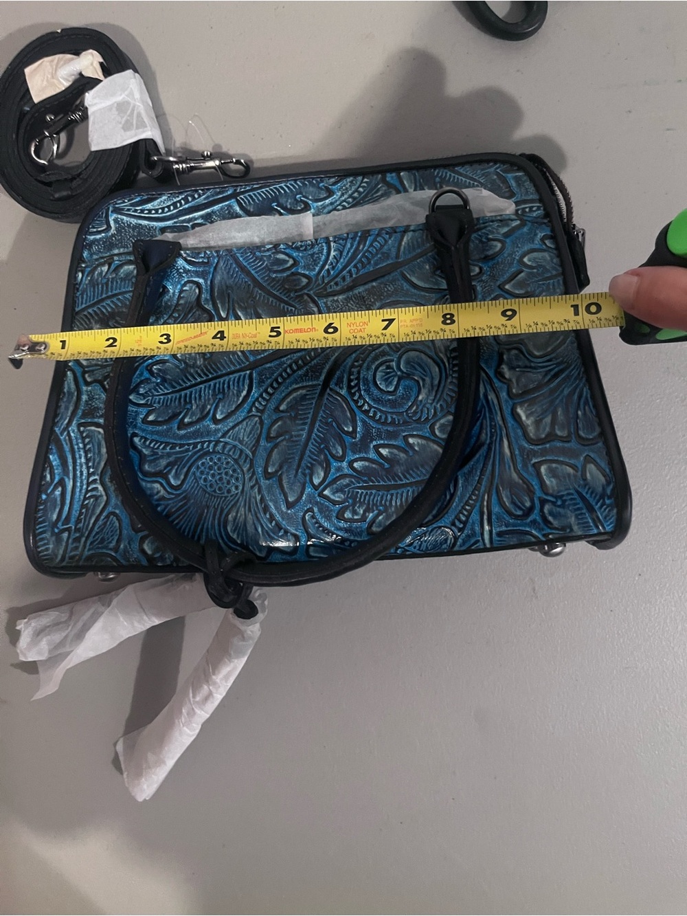Blue Embossed Floral Leather Tote - Picture 9 of 11